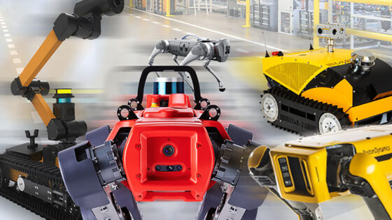 Ground inspection robots Taurob, ANYmal, Unitree, ExRobotics and Spot gather in a warehouse